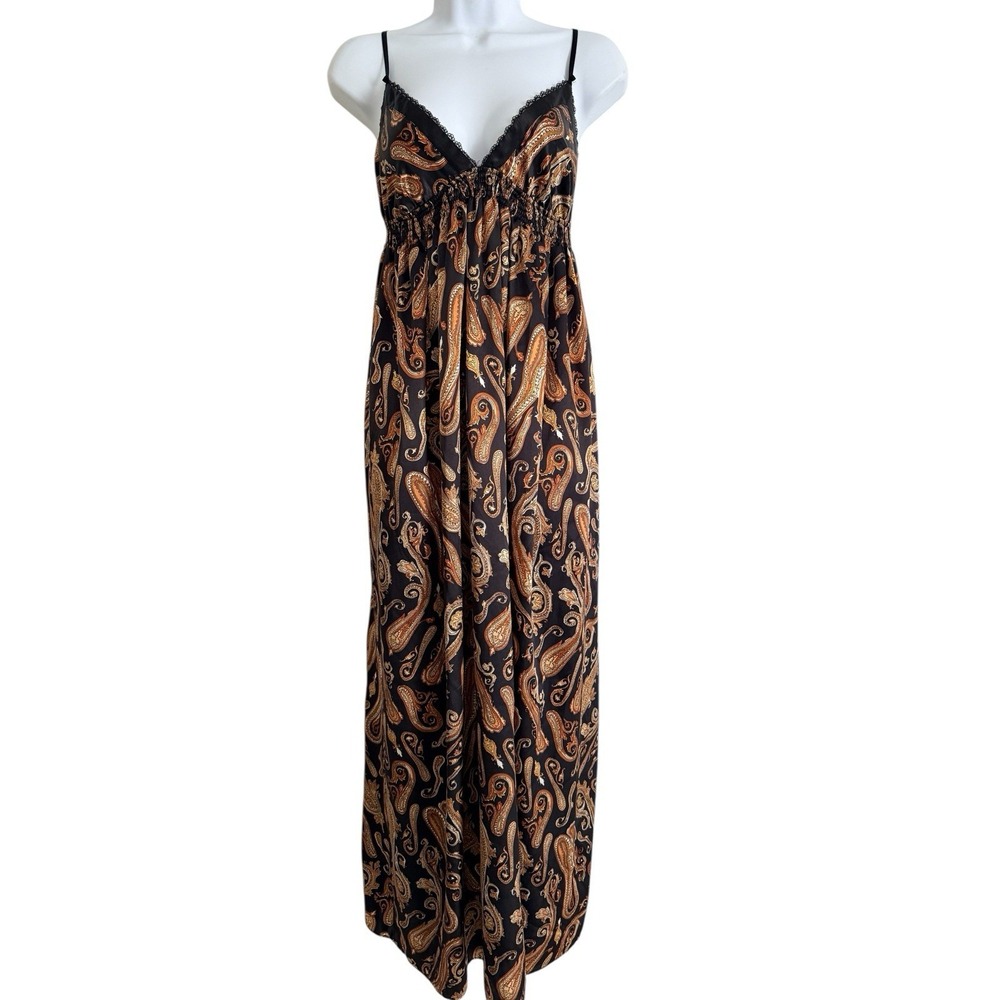 La Vie En Rose Paisley Satin‎ Slip Dress M Black Brown Boho Midi 43" Flowy